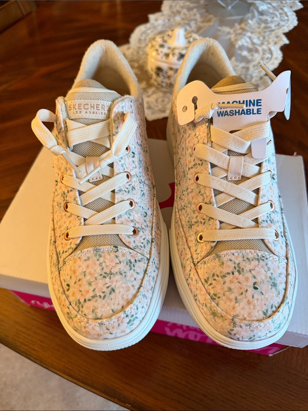 Skechers Floral Canvas Lace-Up Sneakers in Cream and Pink